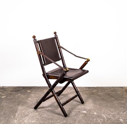 Folding Chair in Mahogany, Faux Bamboo, Leather and Brass, 1960s-VLO-1000303