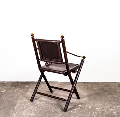 Folding Chair in Mahogany, Faux Bamboo, Leather and Brass, 1960s-VLO-1000303