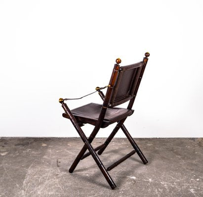 Folding Chair in Mahogany, Faux Bamboo, Leather and Brass, 1960s-VLO-1000303