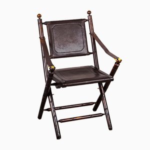 Folding Chair in Mahogany, Faux Bamboo, Leather and Brass, 1960s-VLO-1000303