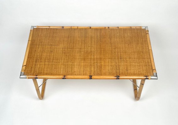 Folding Coffee Table in Bamboo, Rattan, Wicker with Steel Corners, Italy, 1970s-LYQ-1176247