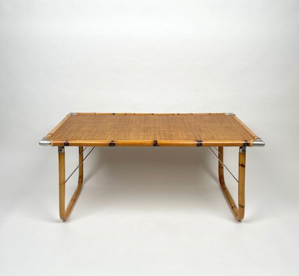 Folding Coffee Table in Bamboo, Rattan, Wicker with Steel Corners, Italy, 1970s-LYQ-1176247