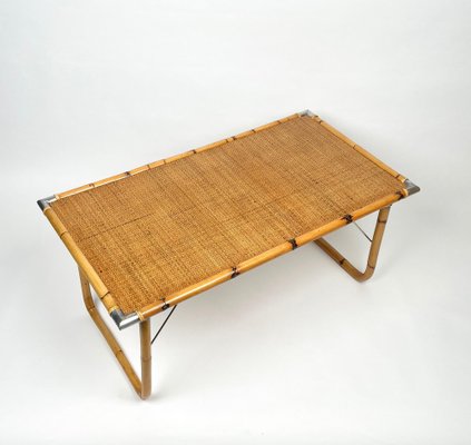 Folding Coffee Table in Bamboo, Rattan, Wicker with Steel Corners, Italy, 1970s-LYQ-1176247