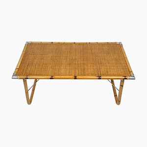 Folding Coffee Table in Bamboo, Rattan, Wicker with Steel Corners, Italy, 1970s-LYQ-1176247