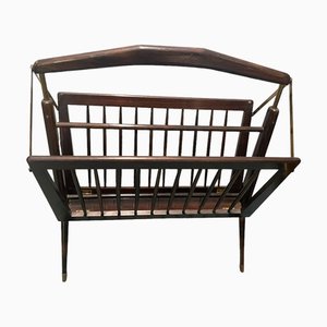 Folding Magazine Rack in Stained Wood and Brass by Cesare Lacca, Italy, 1950s-JJC-1453802