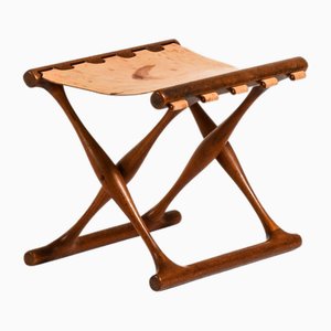 Folding Stool in Teak and Original Natural Leather attributed to Poul Hundevad, 1950s-SC-2020804