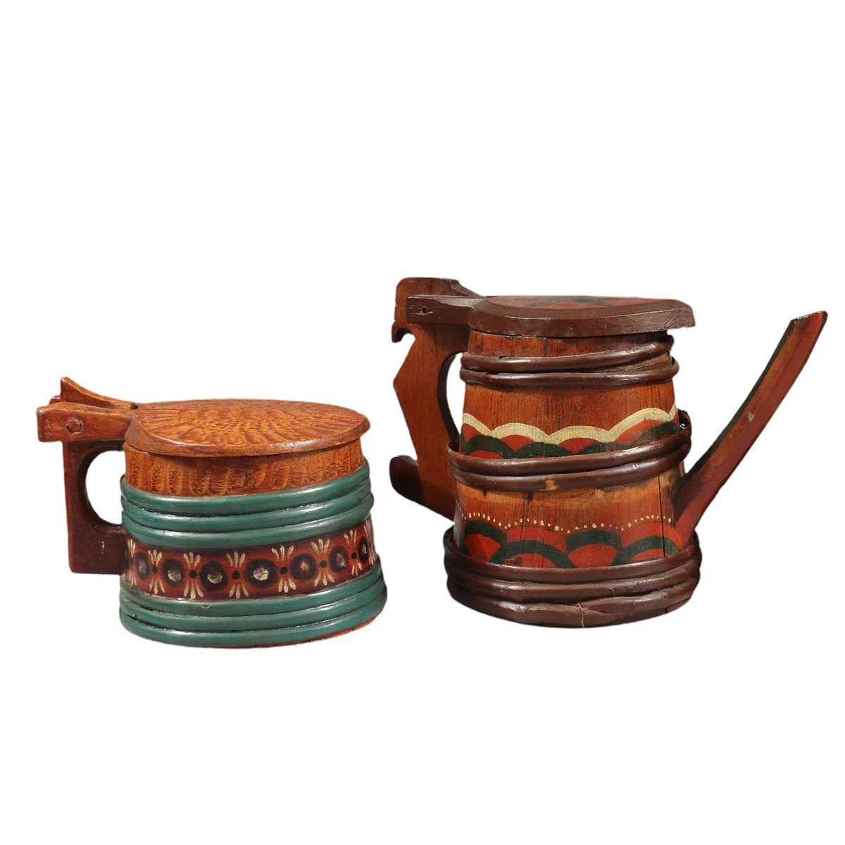 Folk Art Swedish Wooden Lidded Tankards, 1920s, Set of 2