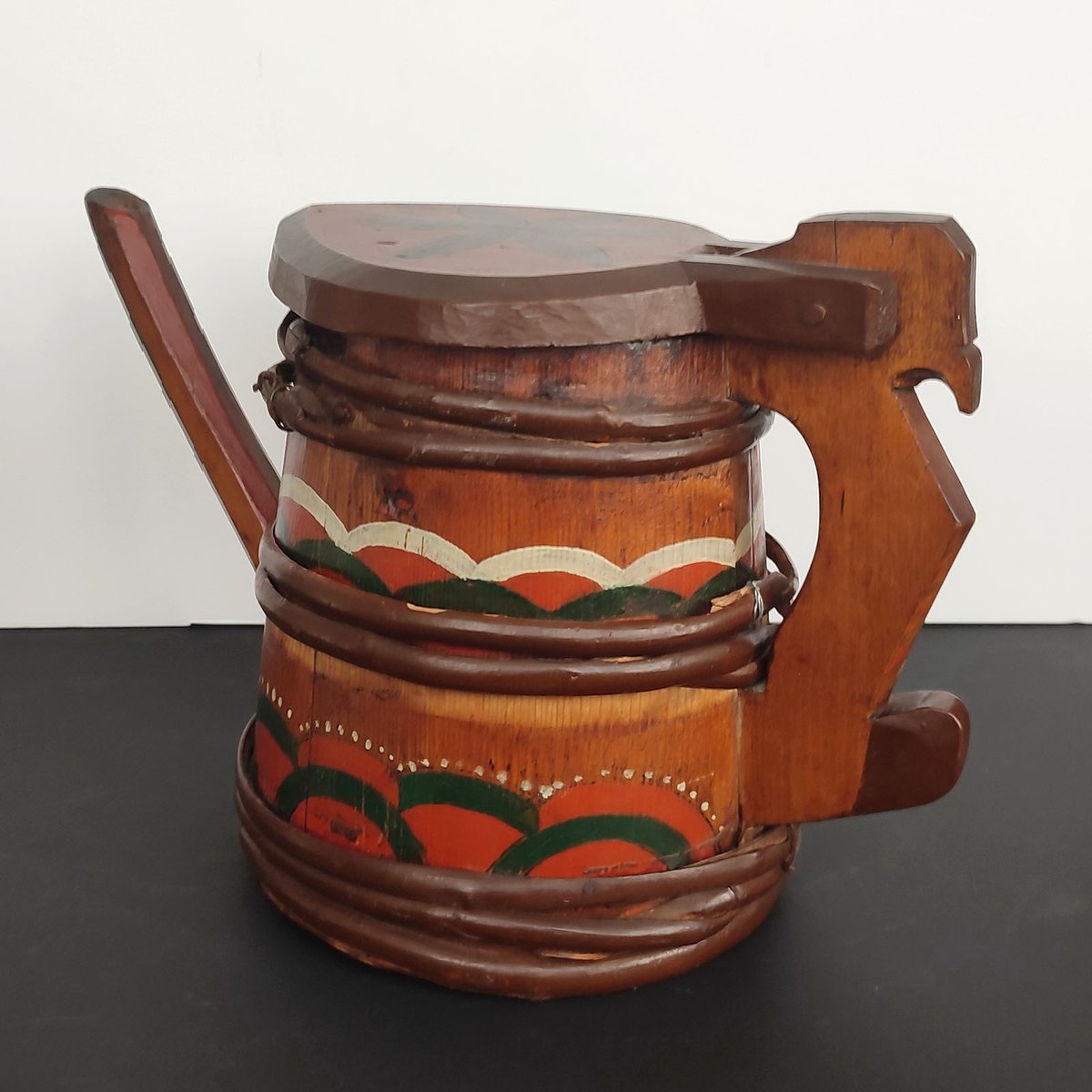 Folk Art Swedish Wooden Lidded Tankards, 1920s, Set of 2