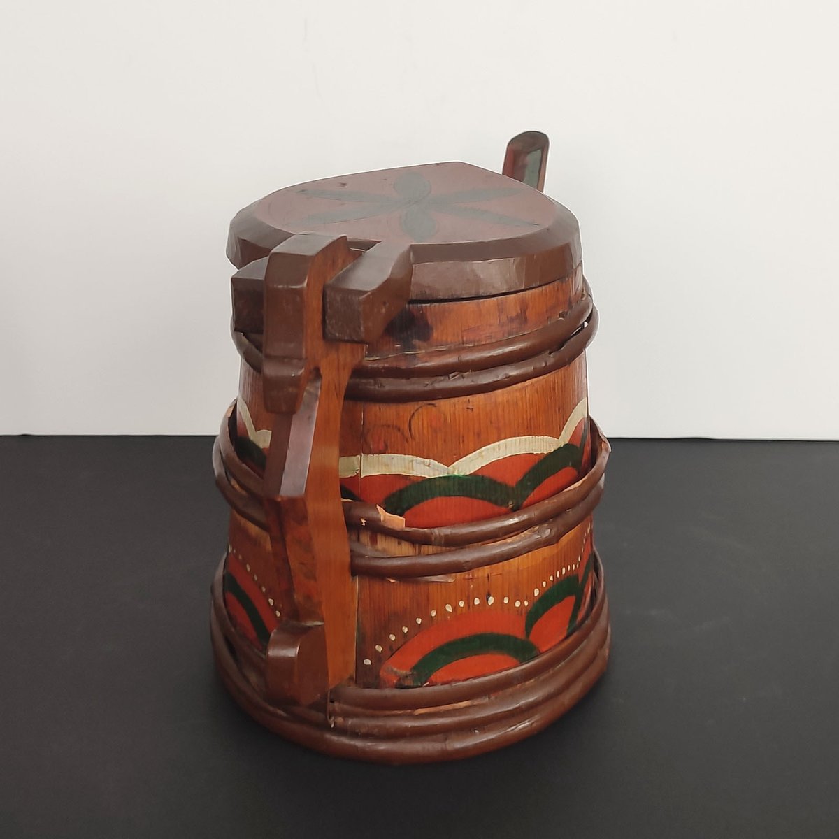 Folk Art Swedish Wooden Lidded Tankards, 1920s, Set of 2