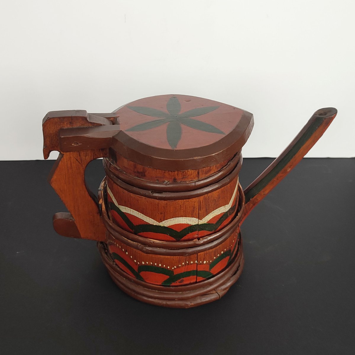 Folk Art Swedish Wooden Lidded Tankards, 1920s, Set of 2