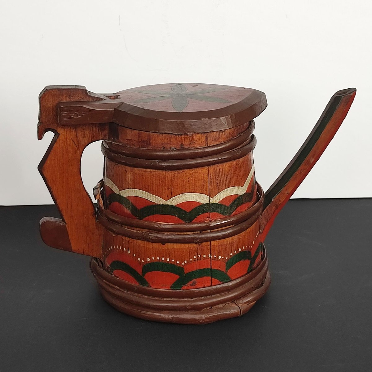 Folk Art Swedish Wooden Lidded Tankards, 1920s, Set of 2