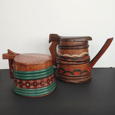 Folk Art Swedish Wooden Lidded Tankards, 1920s, Set of 2