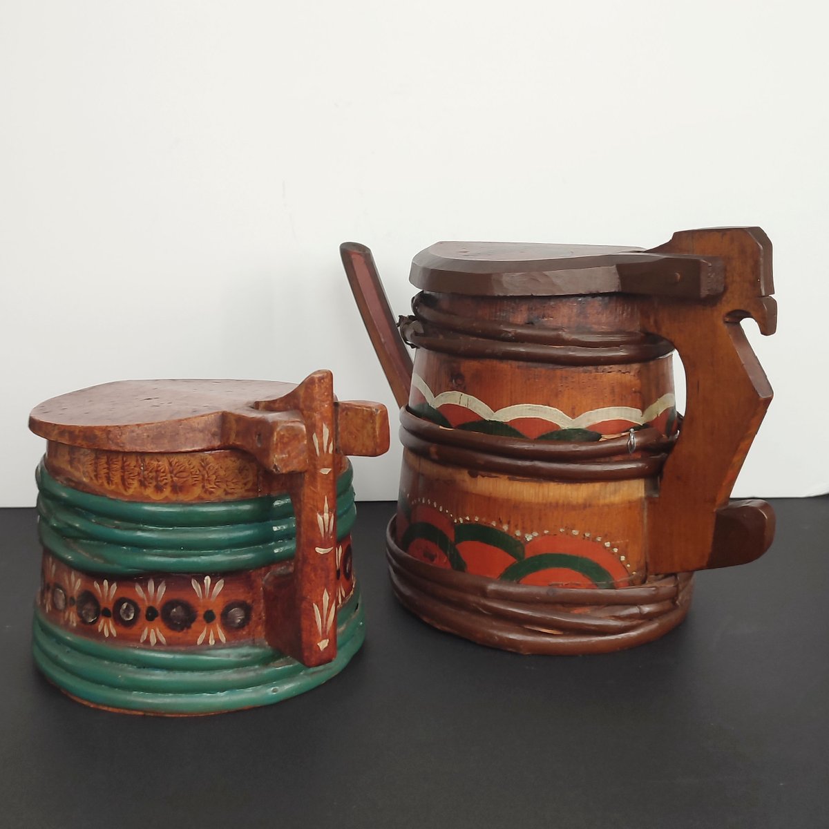 Folk Art Swedish Wooden Lidded Tankards, 1920s, Set of 2