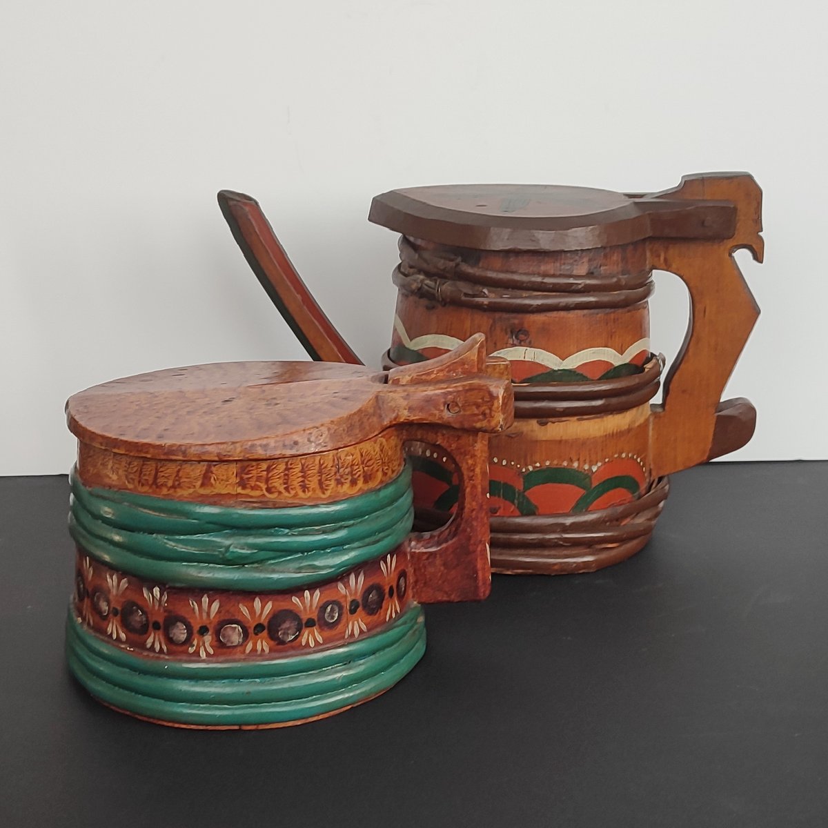 Folk Art Swedish Wooden Lidded Tankards, 1920s, Set of 2