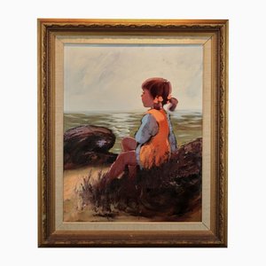 Folke Carlson, On the Seashore Painting, Sweden, Oil on Canvas, Framed-WMV-1357599