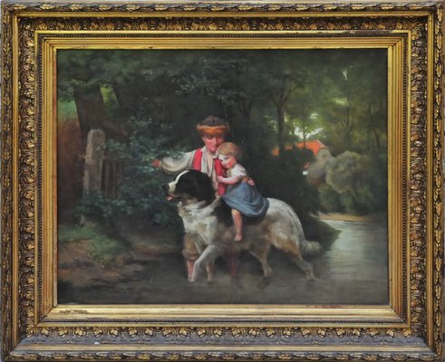 Follower of Ernst Bosch, Little Girl Rides a St. Bernard, 1800s, Oil on Canvas-QOR-2017416