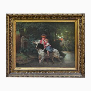 Follower of Ernst Bosch, Little Girl Rides a St. Bernard, 1800s, Oil on Canvas-QOR-2017416