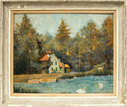 Forest, House, Wild Animals and Swans on the Water, 1950s, Oil Painting, Framed