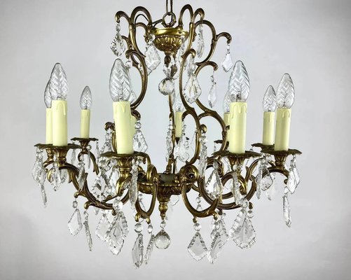 Forged Gilt Bronze & Crystal French Chandelier, 1960s-GYX-1354645