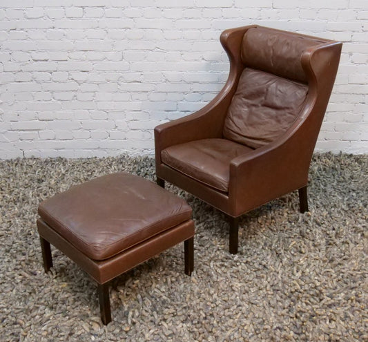 Fotel Wing Chair with Footstool by Borge Mogensen for Fredericia, Denmark, 1960s, Set of 2