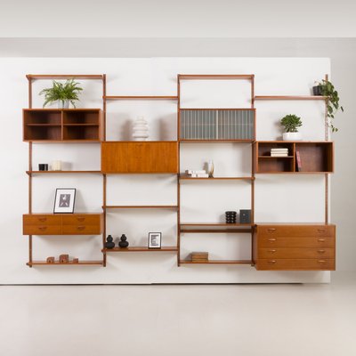 Four Bay Teak Wall Unit with a Dresser by Kai Kristiansen for Fm Møbler, Denmark, 1960s-UE-2022943