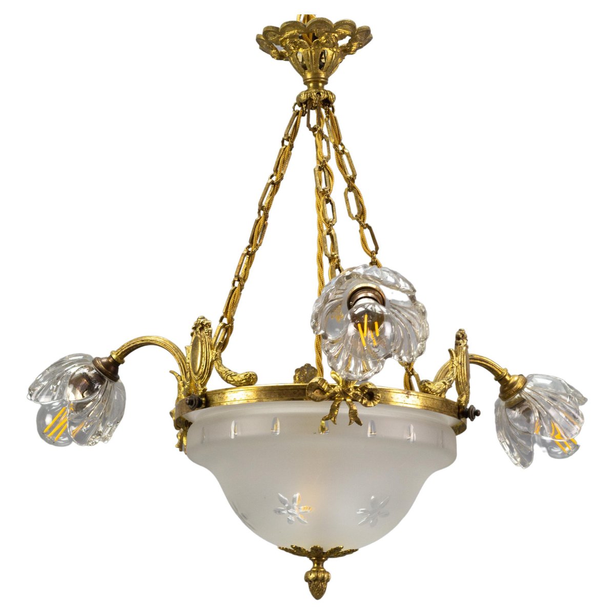 Four Light French Neoclassical Style Gilt Bronze and Glass Chandelier