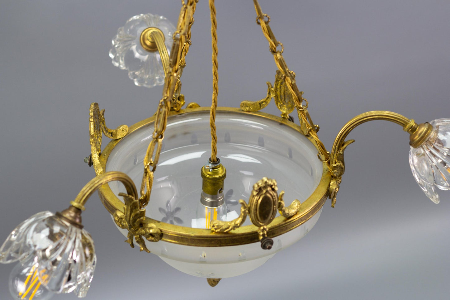 Four Light French Neoclassical Style Gilt Bronze and Glass Chandelier