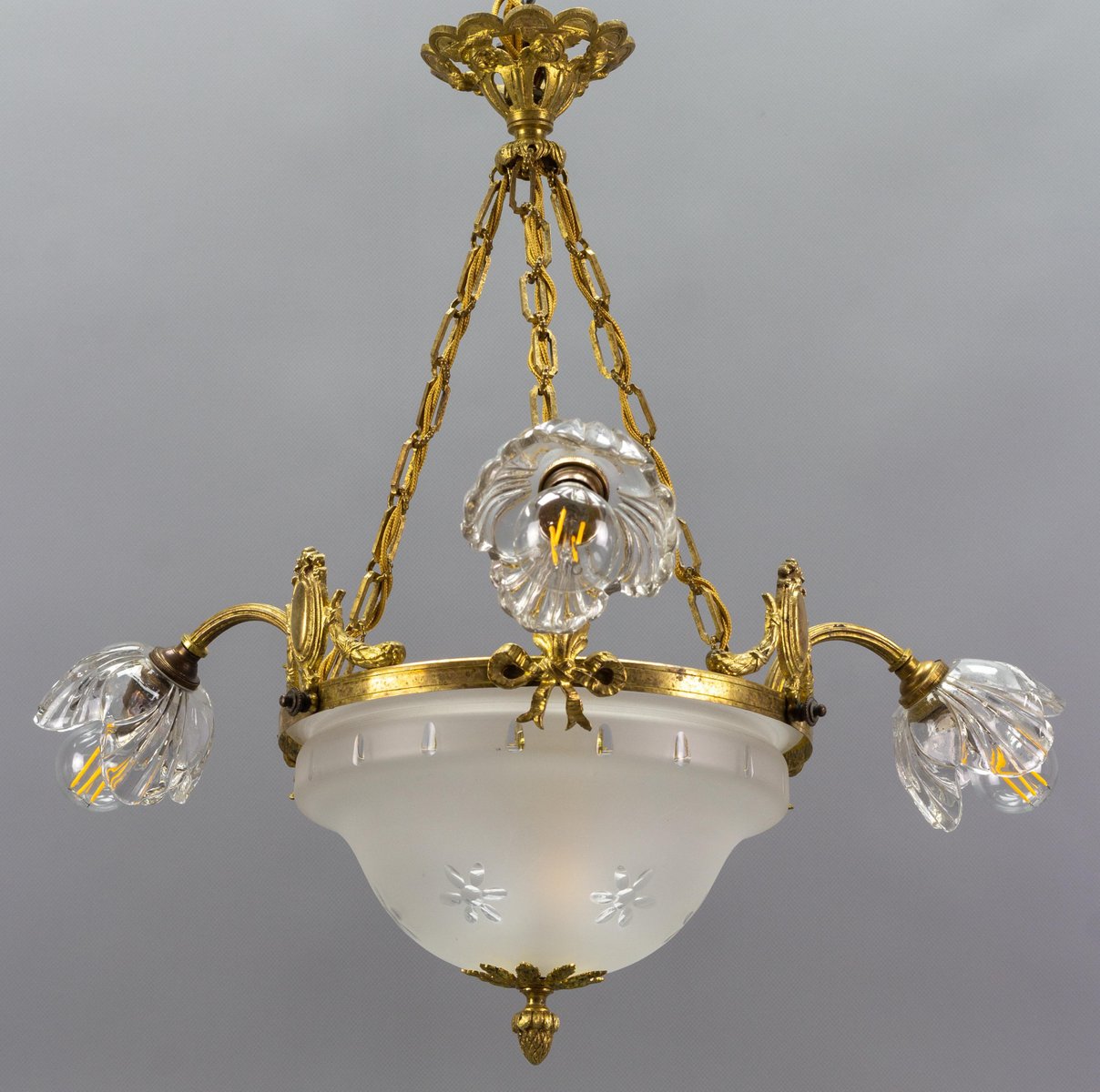 Four Light French Neoclassical Style Gilt Bronze and Glass Chandelier