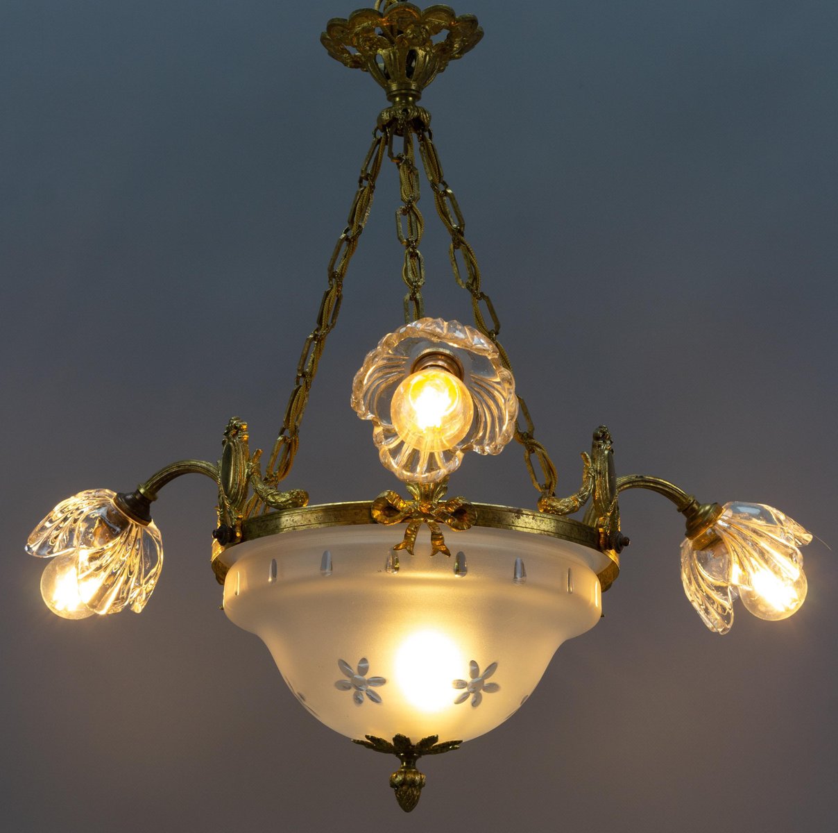 Four Light French Neoclassical Style Gilt Bronze and Glass Chandelier