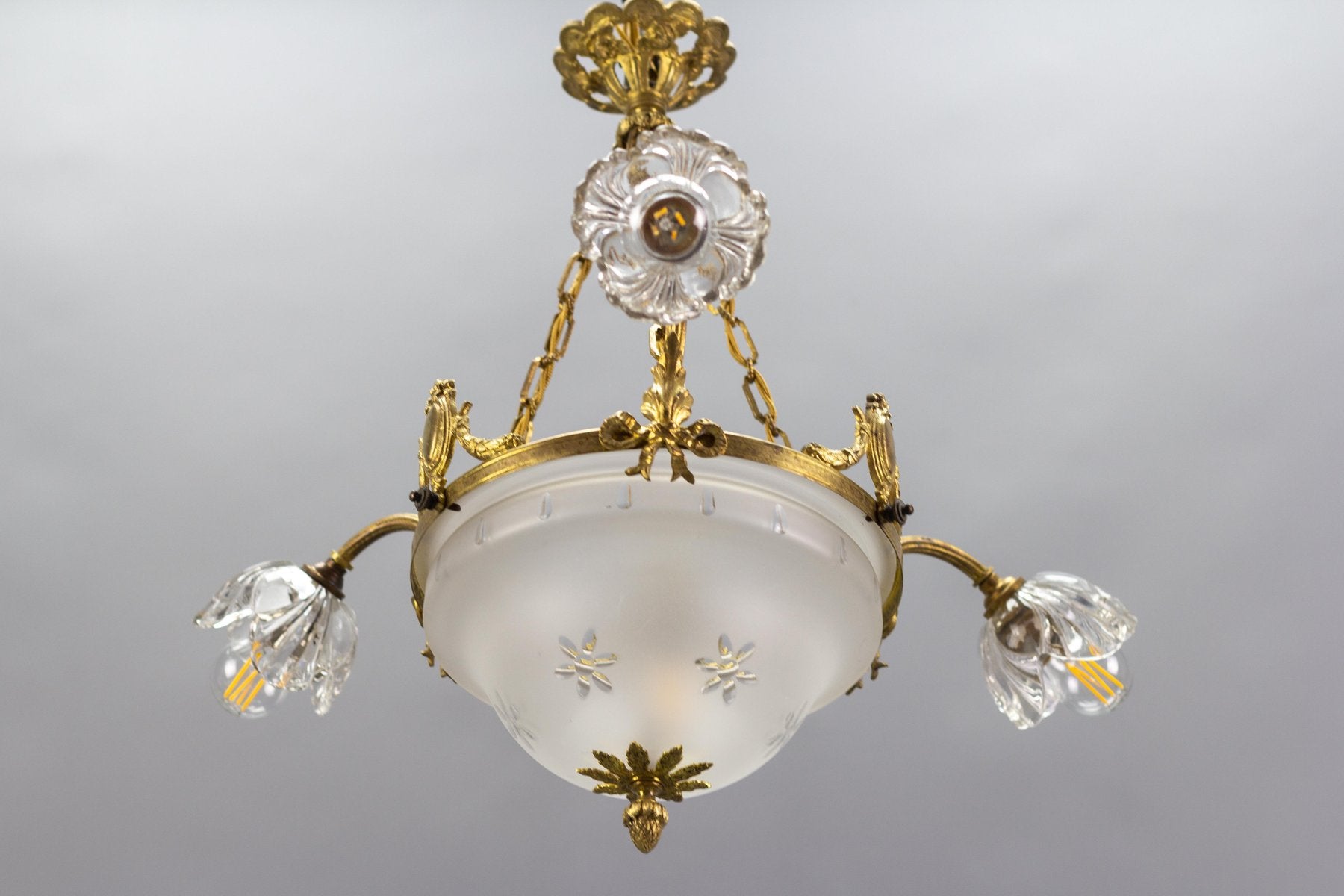 Four Light French Neoclassical Style Gilt Bronze and Glass Chandelier