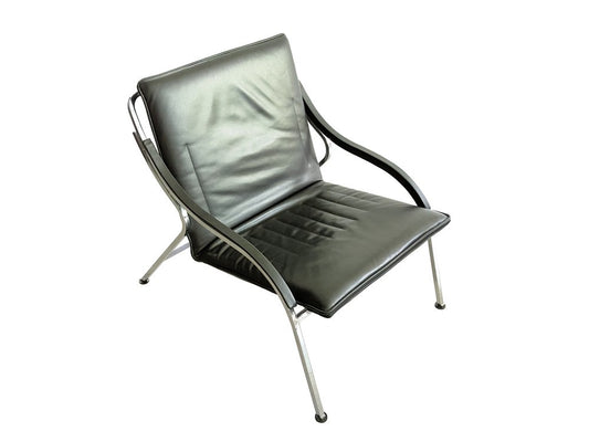 Fourline Armchair in Black Leather and Chrome Plated Metal by Marco Zanuso for Arflex, 1970s