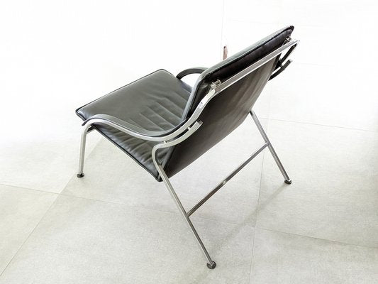 Fourline Armchair in Black Leather and Chrome Plated Metal by Marco Zanuso for Arflex, 1970s-RD-1819405