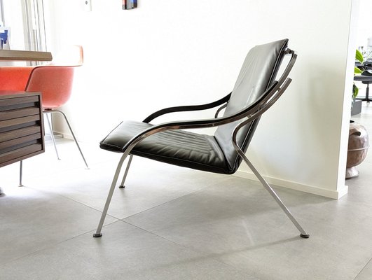 Fourline Armchair in Black Leather and Chrome Plated Metal by Marco Zanuso for Arflex, 1970s-RD-1819405