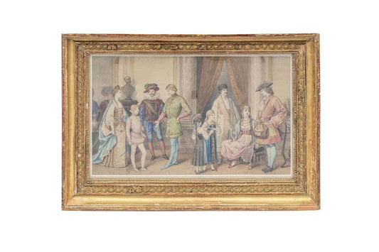 Framed Costume Ball Scene Watercolor, 1850s