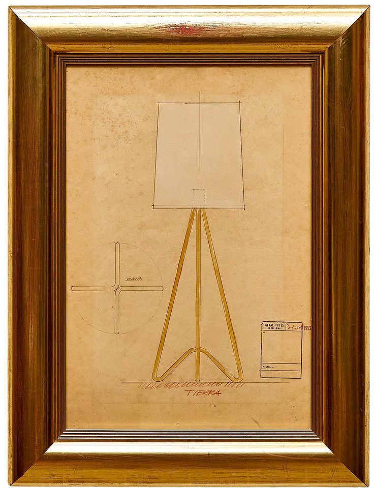 Framed Original Technical Plan of Metalarte Lamp, 1953