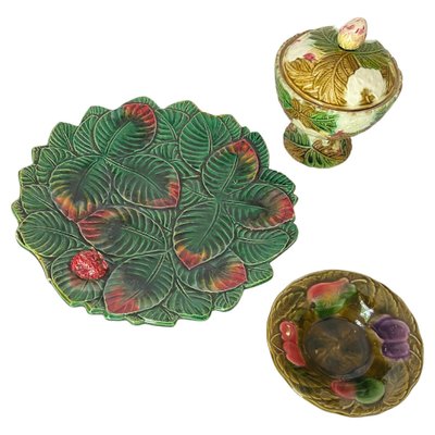 France Majolica Dish Sugar Pot, Dish and Cup, 1880s, Set of 3-UR-1653535