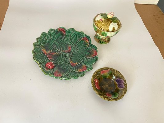 France Majolica Dish Sugar Pot, Dish and Cup, 1880s, Set of 3-UR-1653535