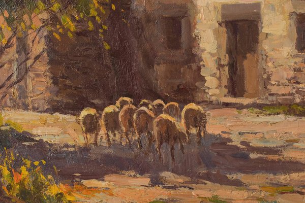 Francesc Carbonell Massabe, Farmyard with Sheep, 20th-Century, Oil on Canvas, Framed-AOI-1311590