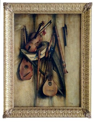 Francesca Strino, Italian Still Life of Musical Instruments, Oil on Canvas, Framed-YUW-1311899