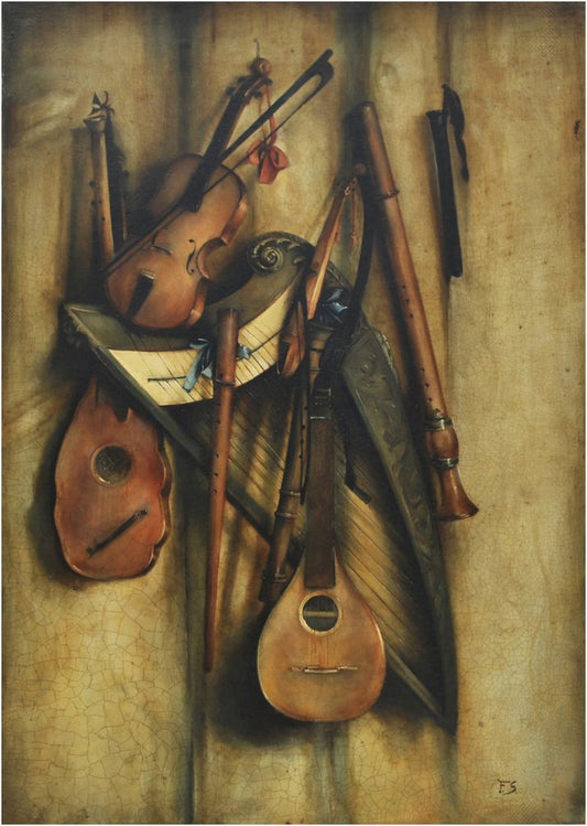 Francesca Strino, Italian Still Life of Musical Instruments, Oil on Canvas, Framed