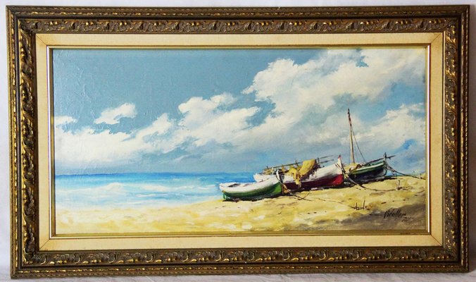 Francisco Vidaller, Fishing Boats on a Beach in Spain, 20th Century, Oil on Canvas, Framed-ZYI-1352744