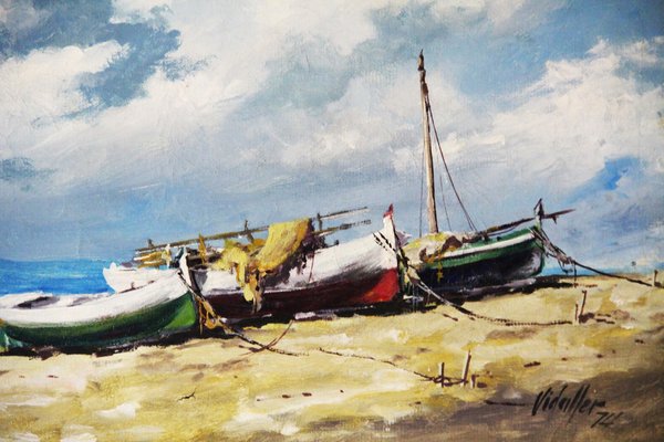 Francisco Vidaller, Fishing Boats on a Beach in Spain, 20th Century, Oil on Canvas, Framed-ZYI-1352744