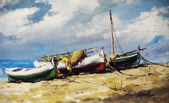 Francisco Vidaller, Fishing Boats on a Beach in Spain, 20th Century, Oil on Canvas, Framed-ZYI-1352744