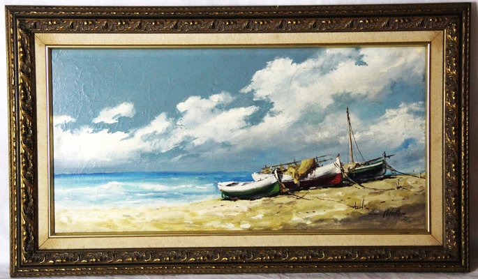 Francisco Vidaller, Fishing Boats on a Beach in Spain, 20th Century, Oil on Canvas, Framed-ZYI-1352744