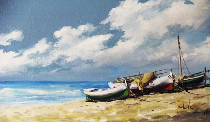 Francisco Vidaller, Fishing Boats on a Beach in Spain, 20th Century, Oil on Canvas, Framed-ZYI-1352744