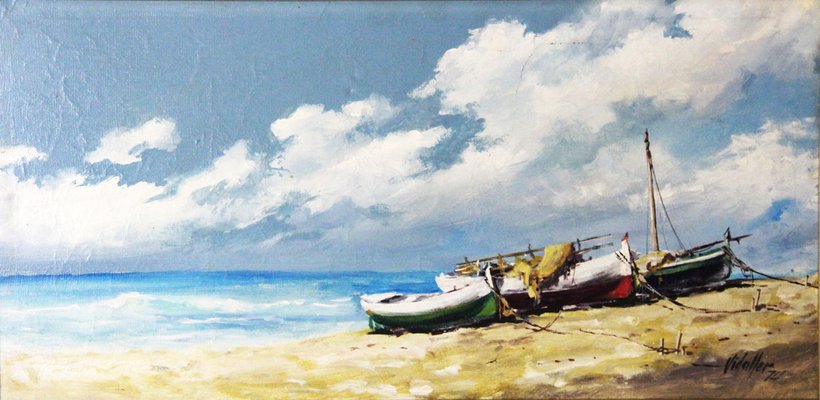 Francisco Vidaller, Fishing Boats on a Beach in Spain, 20th Century, Oil on Canvas, Framed-ZYI-1352744