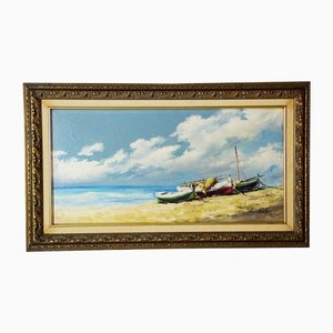 Francisco Vidaller, Fishing Boats on a Beach in Spain, 20th Century, Oil on Canvas, Framed-ZYI-1352744