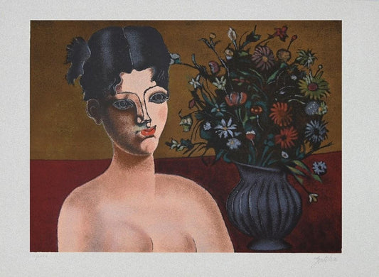 Franco Gentilini, Girl With Flowers Vase, Photolithograph, 1980s