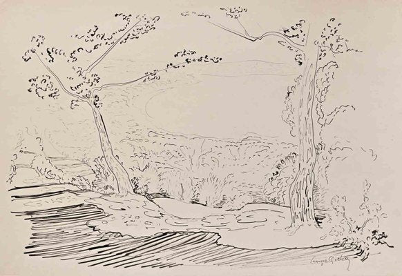 François Quelvée, Landscape, Ink Drawing, Mid-20th Century-ZCI-1423462