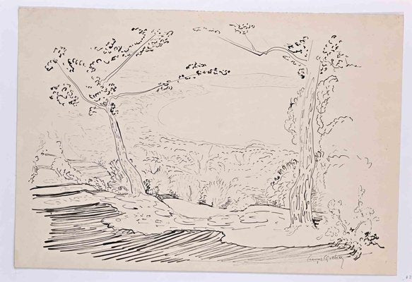 François Quelvée, Landscape, Ink Drawing, Mid-20th Century-ZCI-1423462